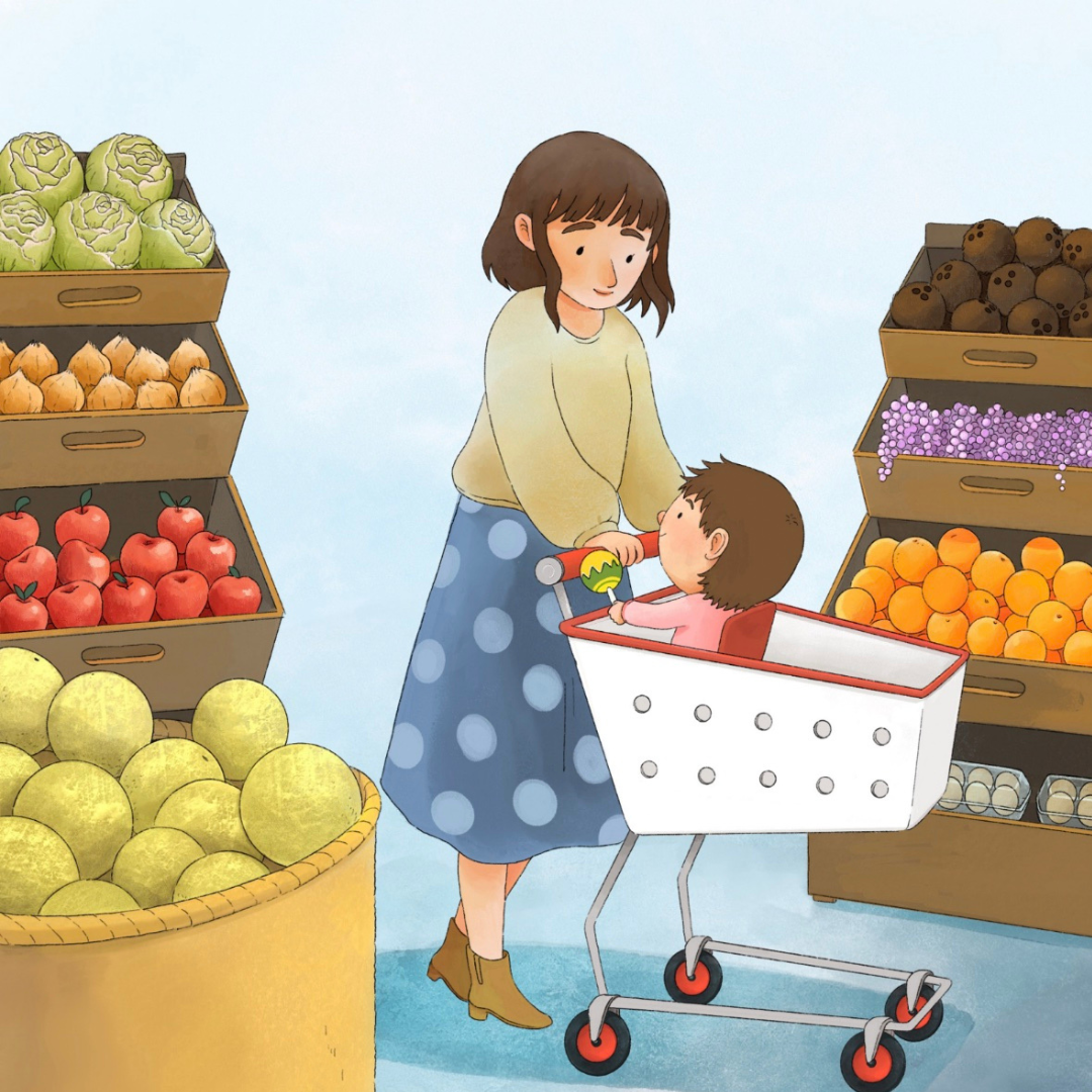 Illustration from My Book of Shapes showing a mother and child grocery shopping near colorful produce bins, with the child holding a toy with a shape on it