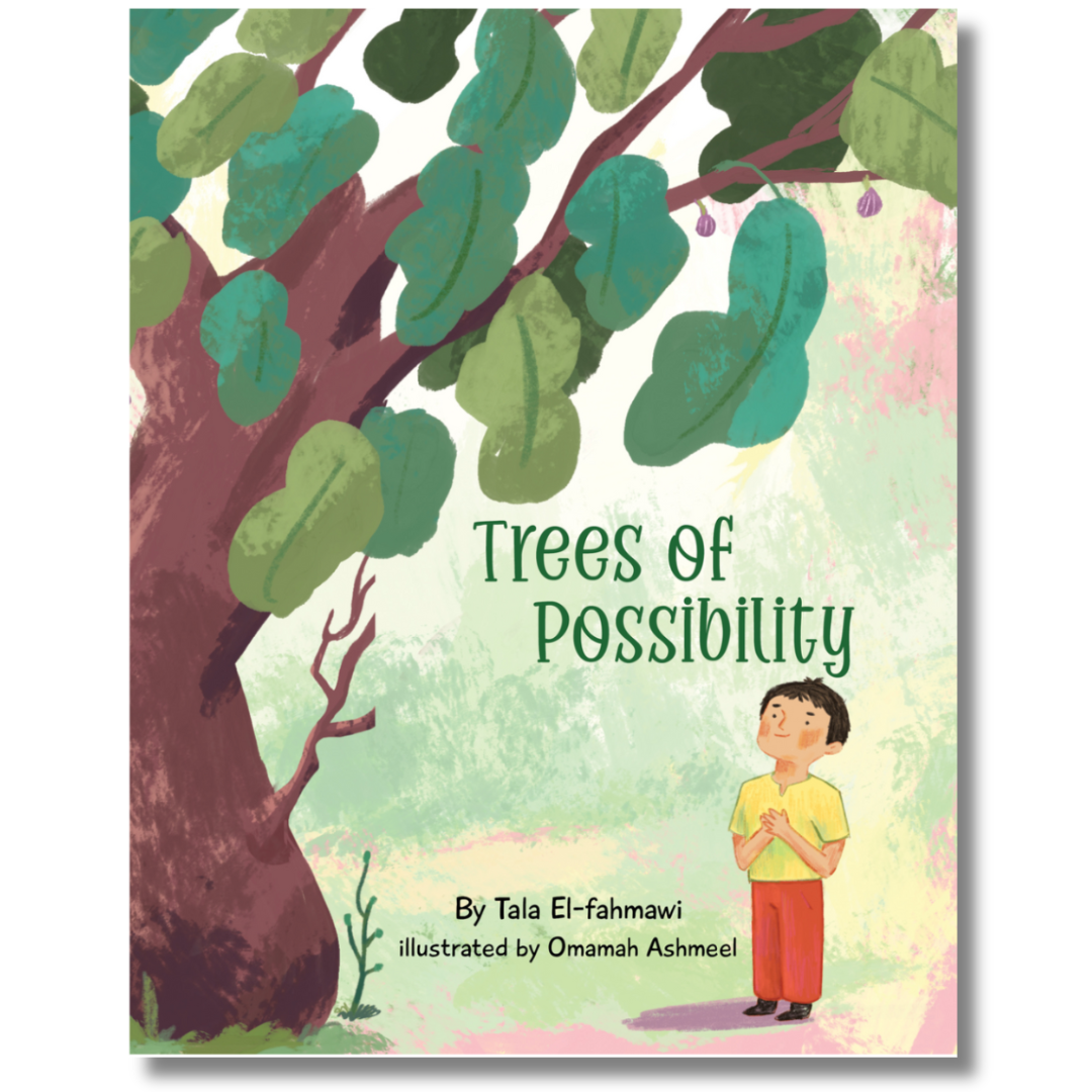 Cover of Trees of Possibility by Tala El-fahmawi, showing a young boy gazing up at a fig tree with lush leaves, in an Arabic-English children's book