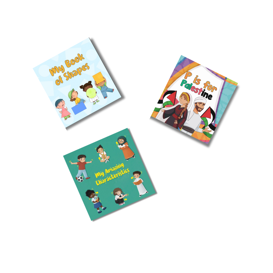 Set of three Arabic and bilingual board books for children, including My Book of Shapes, My Amazing Characteristics, and P is for Palestine