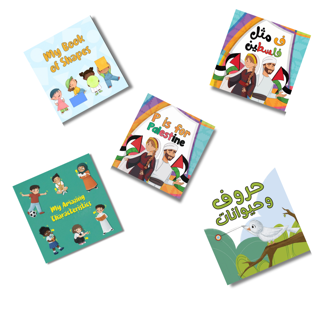 Flatlay of five Arabic board books for toddlers from Good Rain Publishing, including titles about shapes, animals, the Arabic alphabet, and Palestinian culture