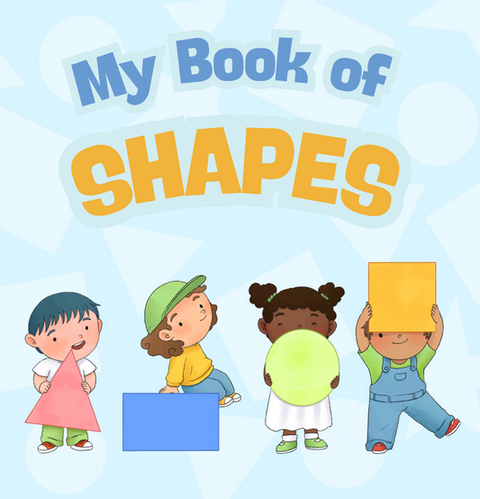 Cover of My Book of Shapes, a bilingual Arabic-English board book for toddlers featuring diverse children holding colorful shapes on a light blue background