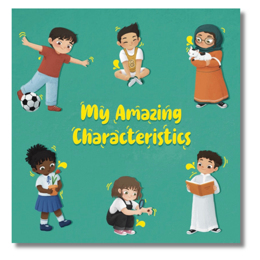 Cover of “My Amazing Characteristics” bilingual board book, showing diverse children exploring their unique traits through reading, playing, and observing.