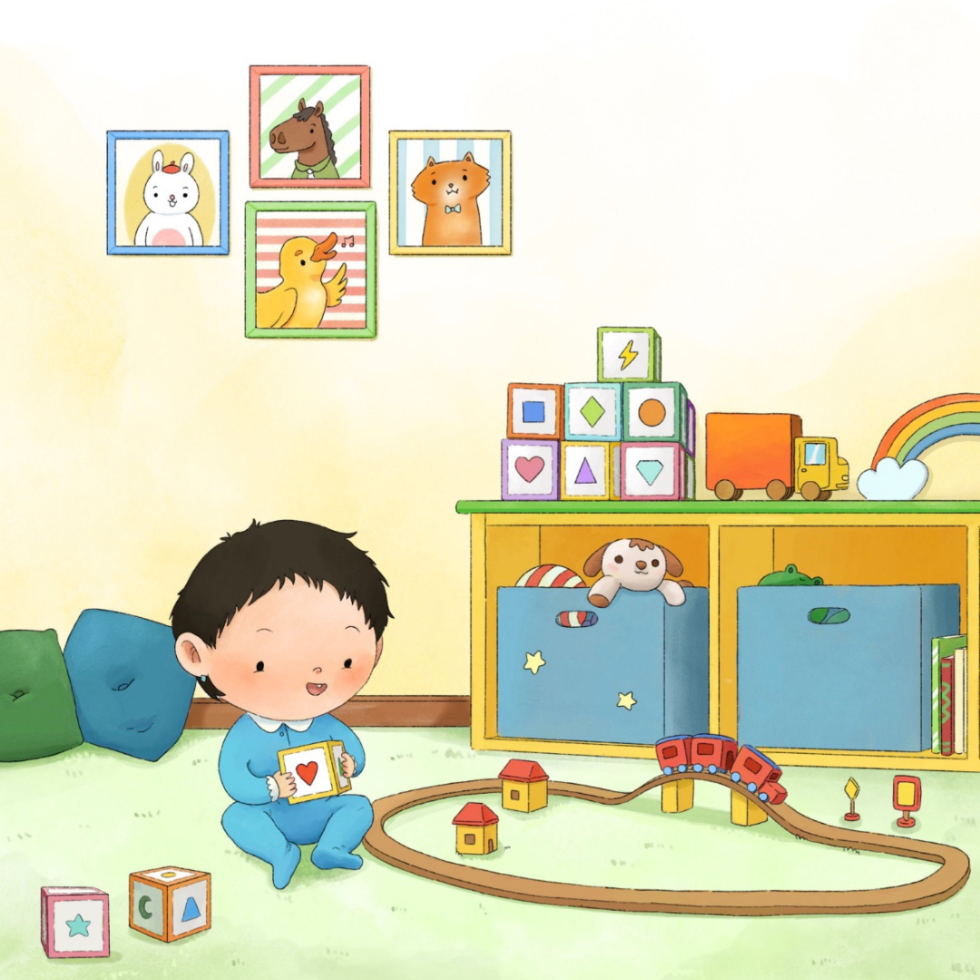 Illustration from My Book of Shapes showing a toddler playing with shape blocks in a cozy room filled with toys, books, and framed animal prints on the wall