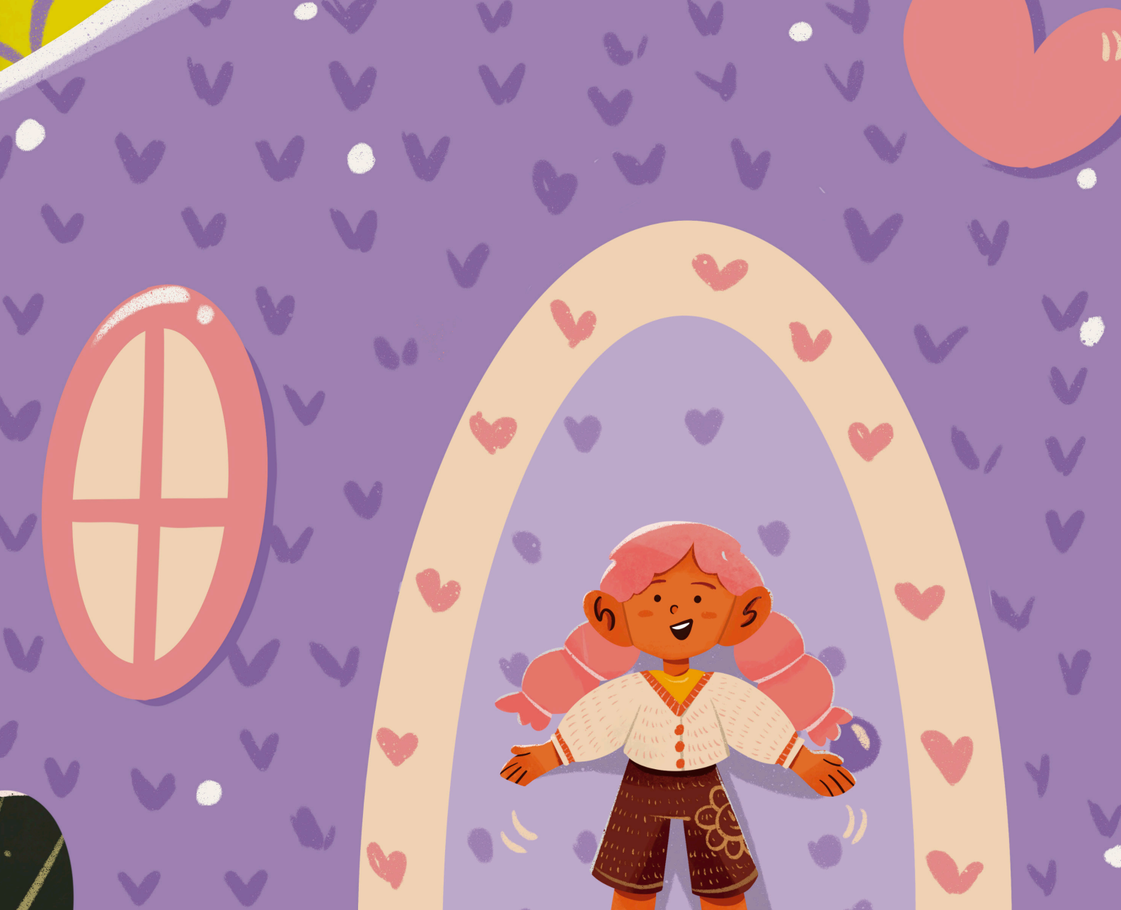 Illustration of a smiling girl with pink hair standing proudly in front of her purple heart-decorated house from Stronger Than the Storm.