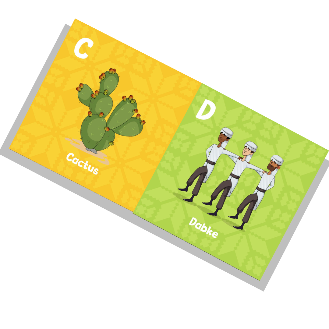 Illustration from a Palestinian alphabet book showing the letter C for "Cactus" and D for "Dabke," with a cactus plant and three men dancing in traditional dress.