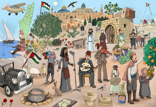 500-piece puzzle titled Pieces of Palestine, featuring illustrated scenes of Arab culture, geography, and Palestinian heritage by Good Rain Publishing