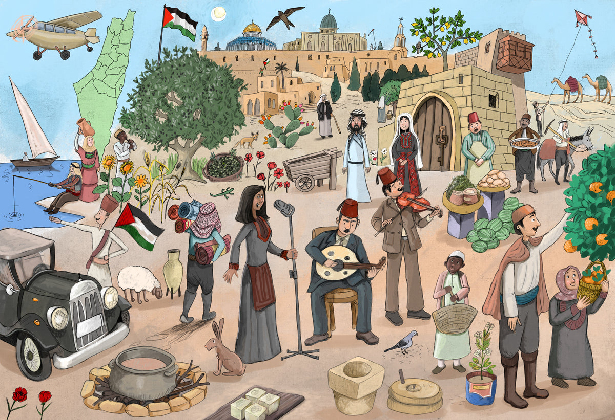 500-piece puzzle titled Pieces of Palestine, featuring illustrated scenes of Arab culture, geography, and Palestinian heritage by Good Rain Publishing