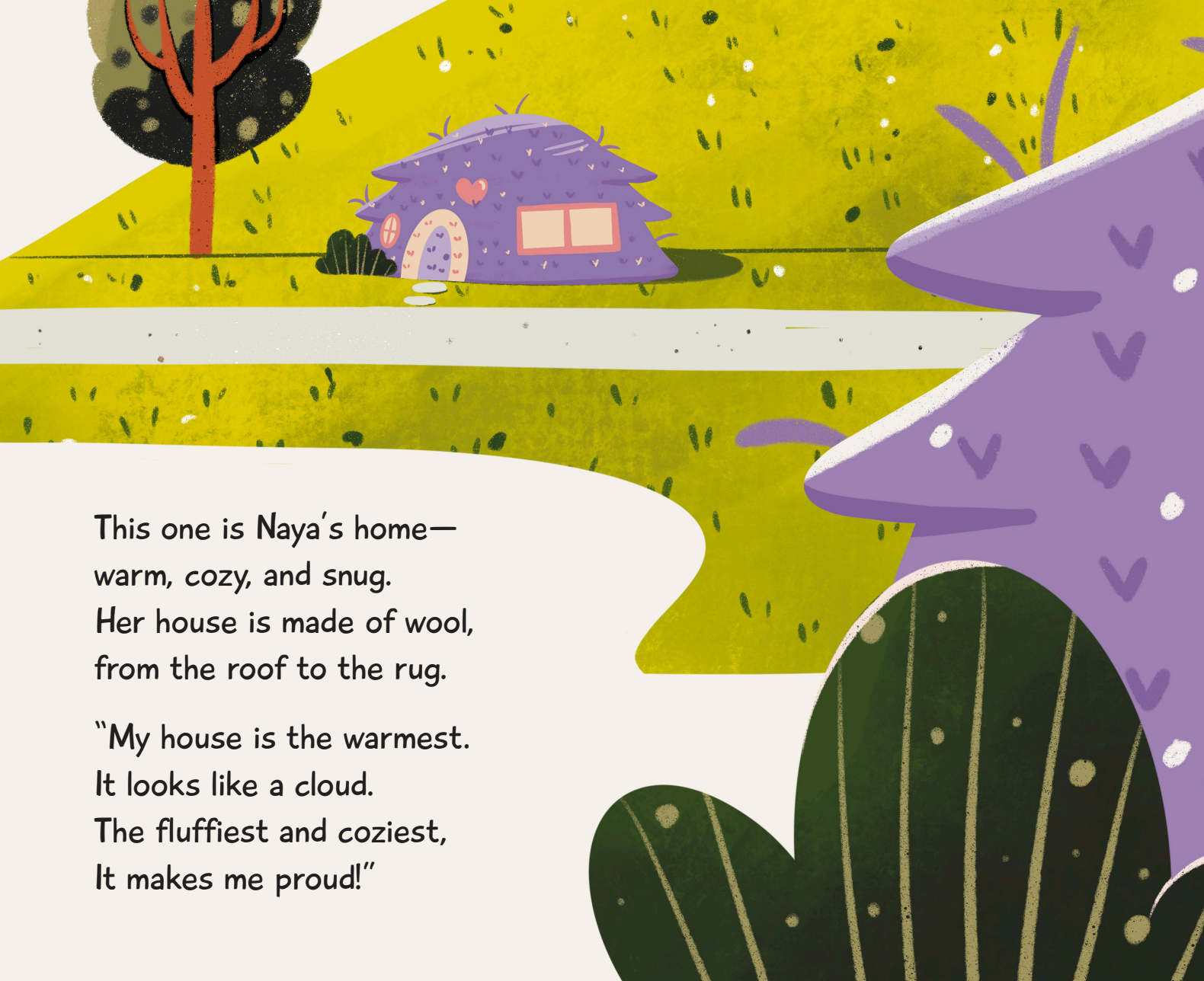 Illustrated page from Stronger Than the Storm showing a purple wool house with heart details. Text on the page describes Naya's cozy home made of wool, emphasizing warmth and pride in her unique house.