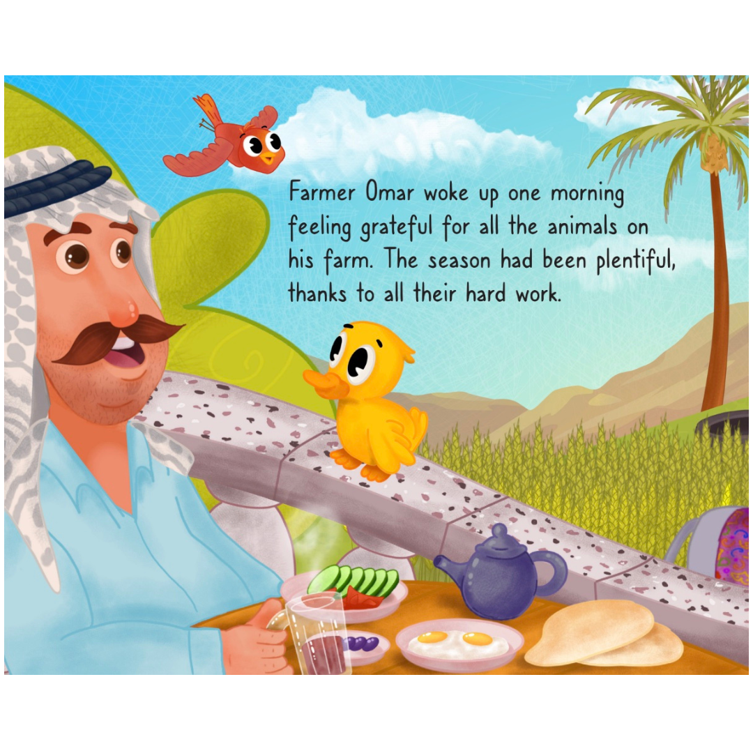 Interior page from The Helpful Duck showing Farmer Omar having breakfast with a cheerful duck and bird nearby, set on a vibrant farm with Arabic scenery